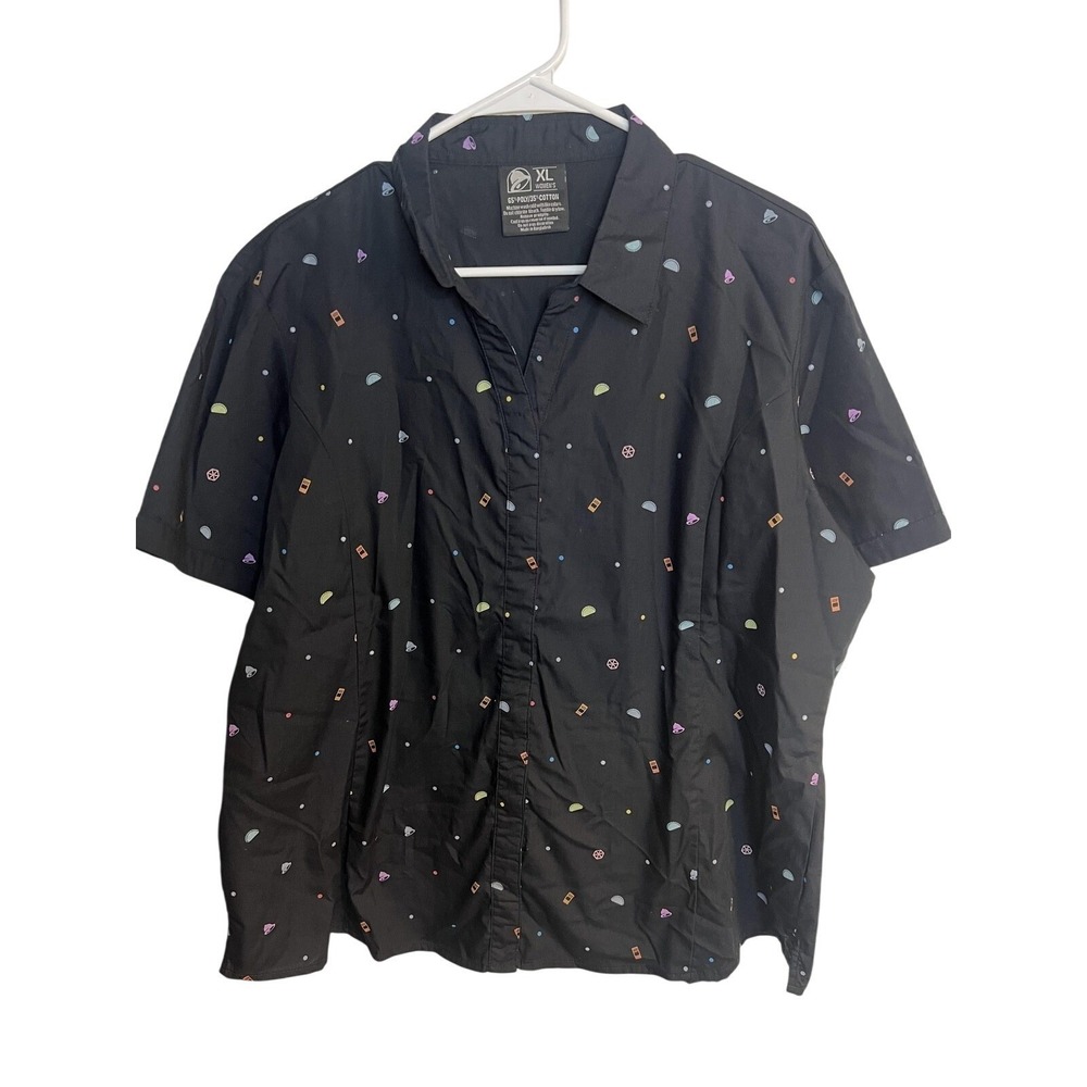Taco Bell Shirt Womens XL Black Button‎ Up Fast Food Logo Print Novelty Top
